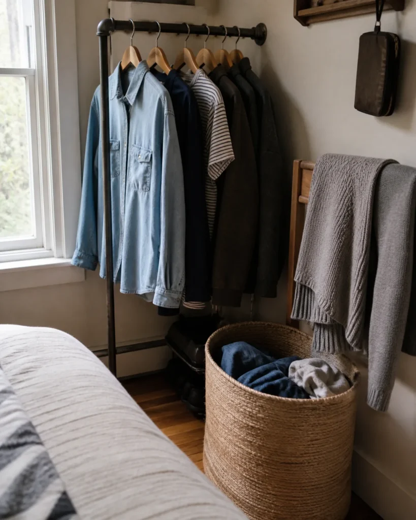 A short garment rail, a dedicated place for reworn knitwear and a woven laundry hamper occupy one normal bedroom corner.