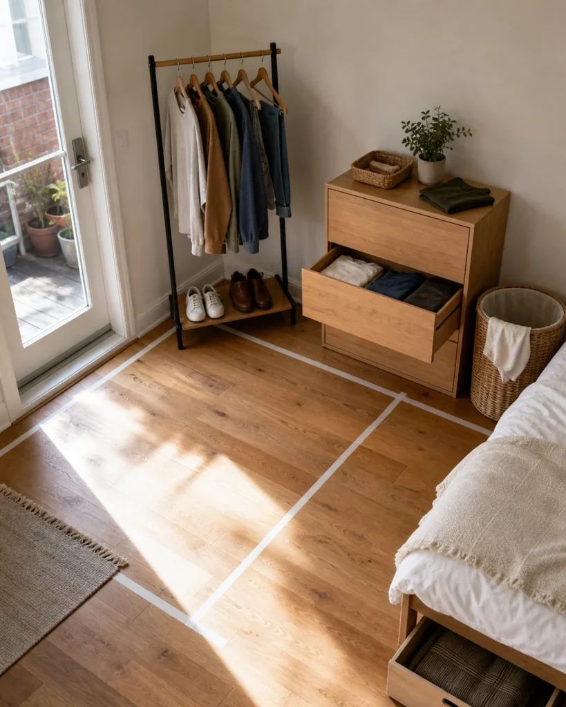 Removable tape marks a possible freestanding wardrobe footprint beside a short clothes rail, open dresser drawer, hamper and bed edge.