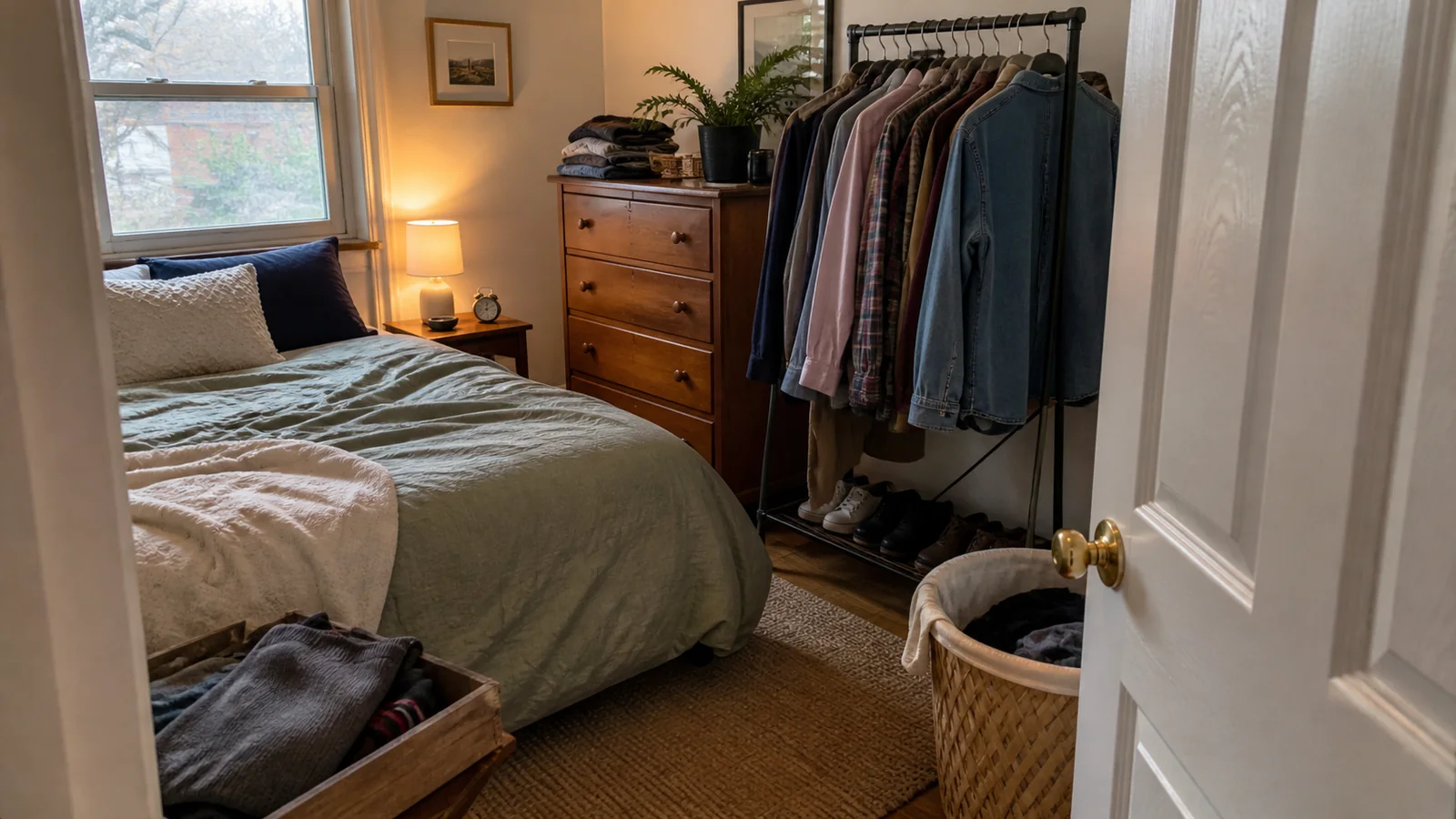 A modest bedroom without a built-in closet, using a short garment rail, dresser and hamper while keeping the bed and door route visible.