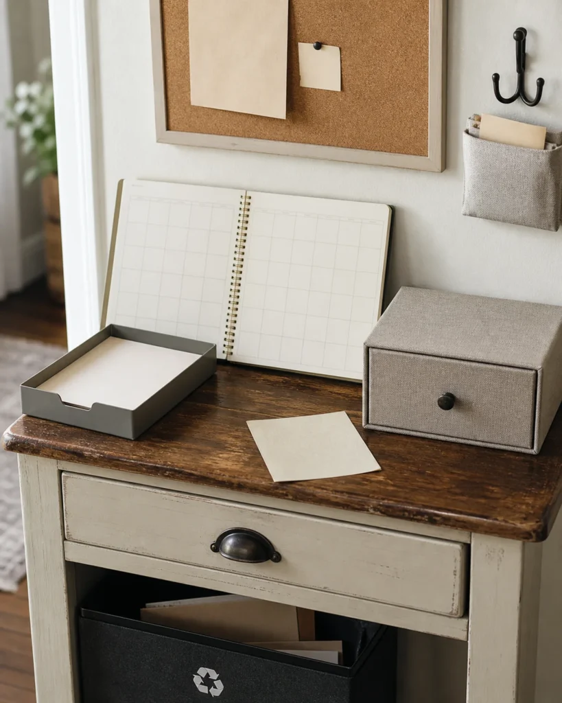 A blank weekly planner and open outgoing tray sit beside a closed fabric drawer for private papers on a worn timber console.