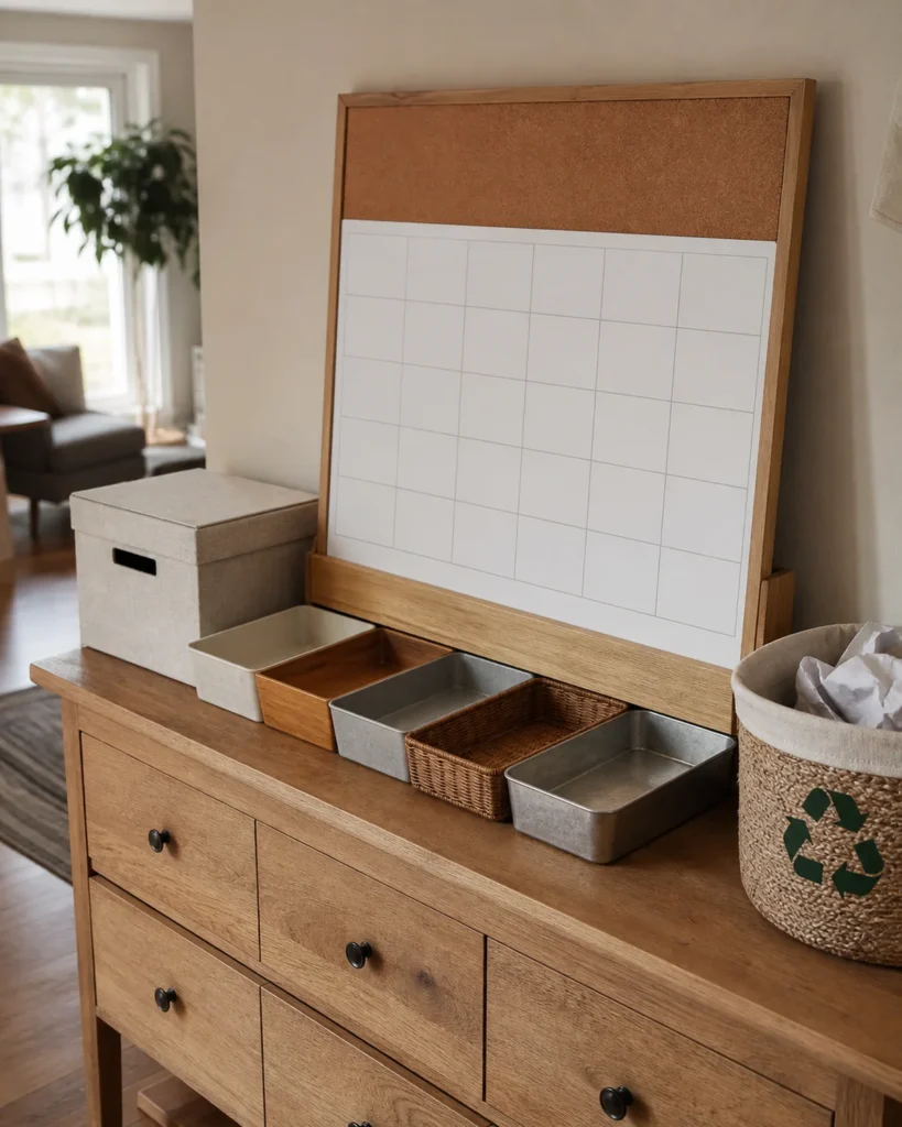 A freestanding blank weekly board and five shallow trays form a renter-friendly command centre on a timber sideboard beside a recycling basket.