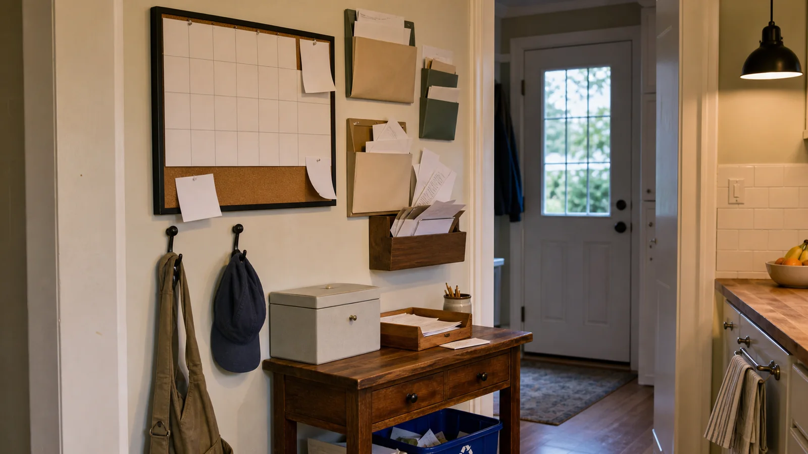 An ordinary shared wall near a kitchen and entry route holds a blank calendar, paper pockets, outgoing tray, hooks and a closed private-paper box.