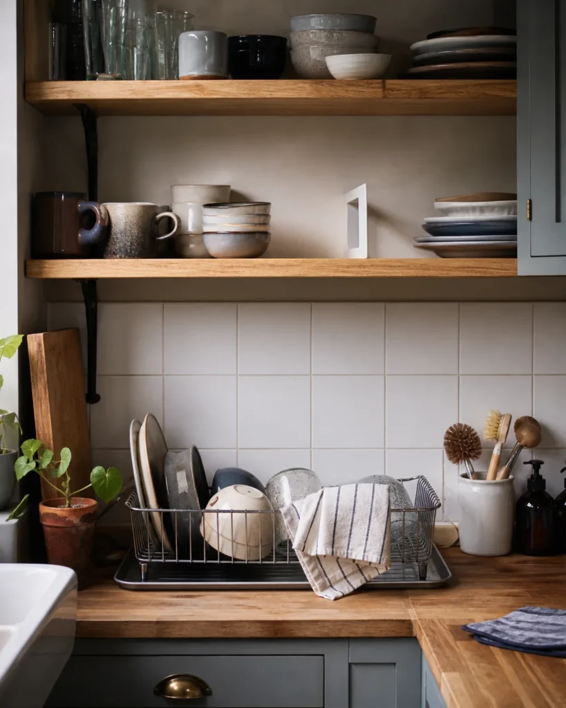 Mixed daily dishes sit on open shelves above a drying rack with a deliberate return gap and an adjoining closed cabinet edge.