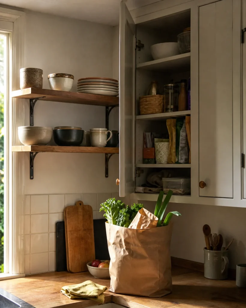 Open shelves with everyday bowls sit beside a partly open cabinet while a plain grocery bag lands on the counter below.