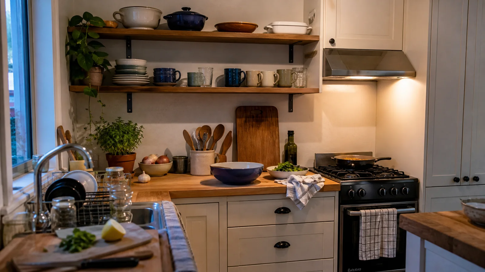 A lived-in small kitchen on a Tuesday evening with open shelves, mixed daily dishes, active preparation, sink and hob visible together.