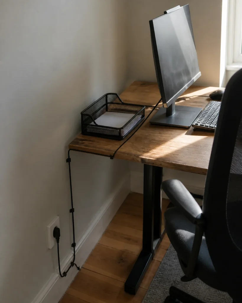 Close view of an office screen angled to a bright side window with its cable guided along the desk toward the existing wall outlet.