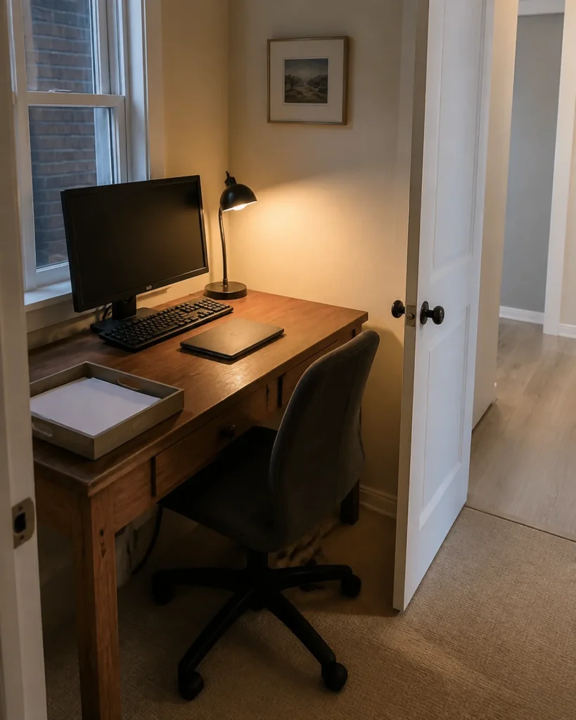 A compact office at close-down time with the screen asleep, blank papers gathered in a tray and the door route clear beside the chair.