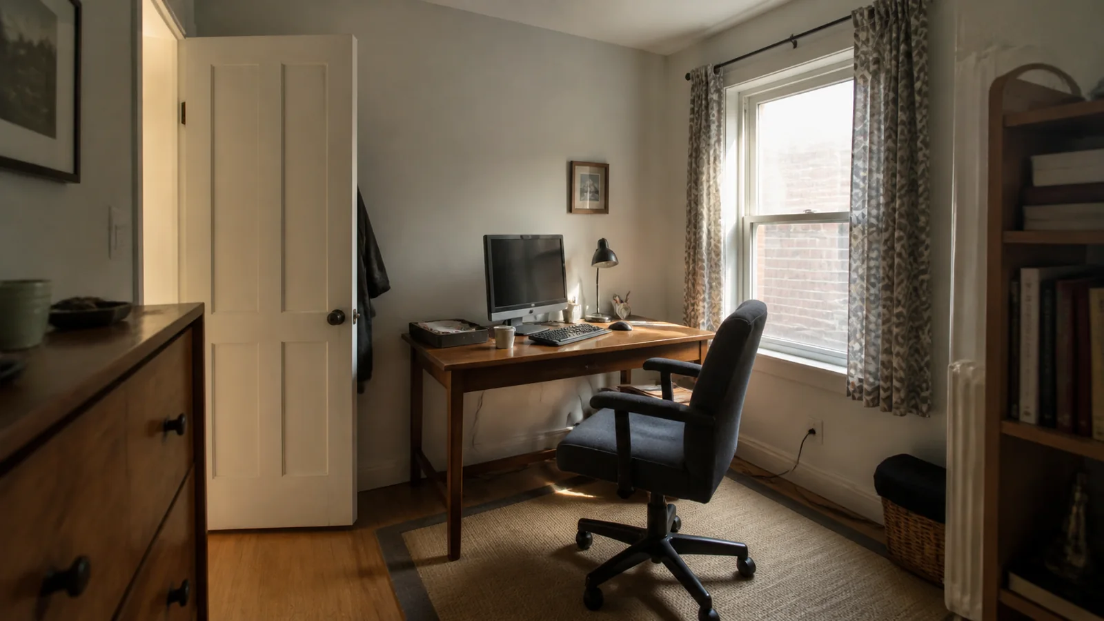 A modest compact home office showing a wooden desk, screen, side window, inward-opening door, chair and wall outlet in one believable room.